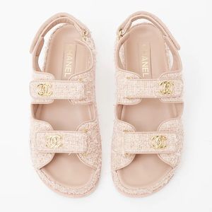 Chanel CC Logo Pink Gold Tweed Velcro Strap Dad Sandals 38.5